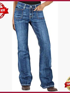 Mid Rise Bootcut Jeans Stretchy Denim Pants with Patch Pockets